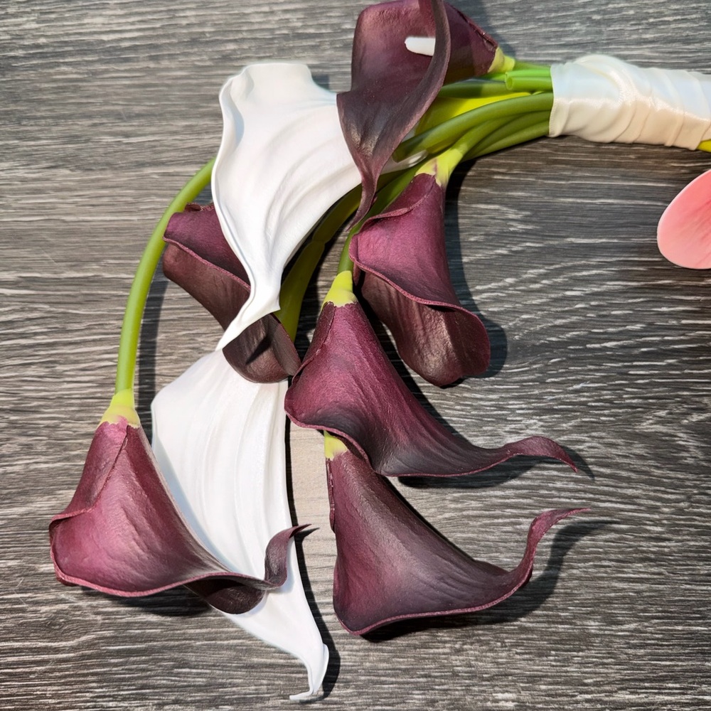 Curved Bridal Bouquet Pink Orchid and Purple Calla Lilies - Picture 5 of 10